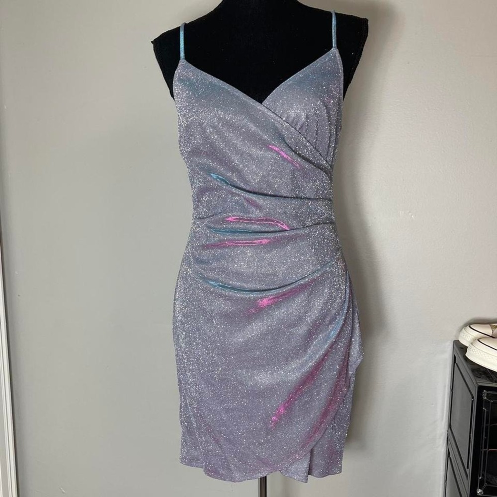 sparkly bodycon dress with purple and blue glitter and gathered detailing